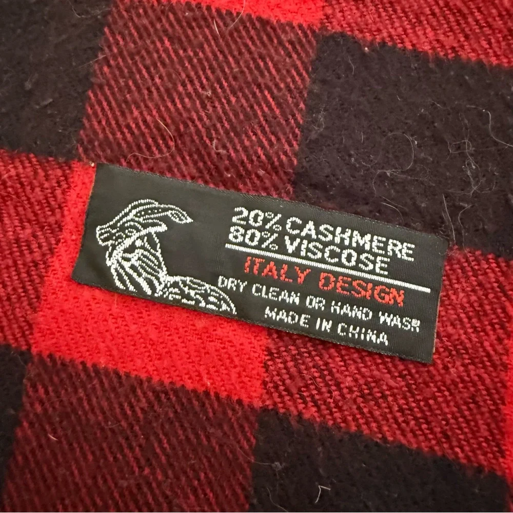 Buffalo Plaid Red Black Cashmere‎ Blend Scarf Men’s Winter Fringe